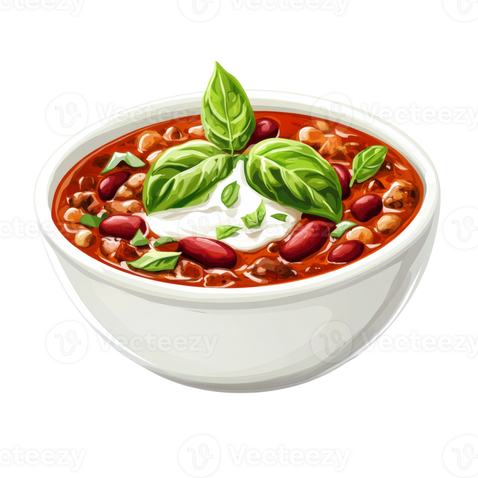 Delicious Chili Bowl Topped With Sour Cream and Basil png