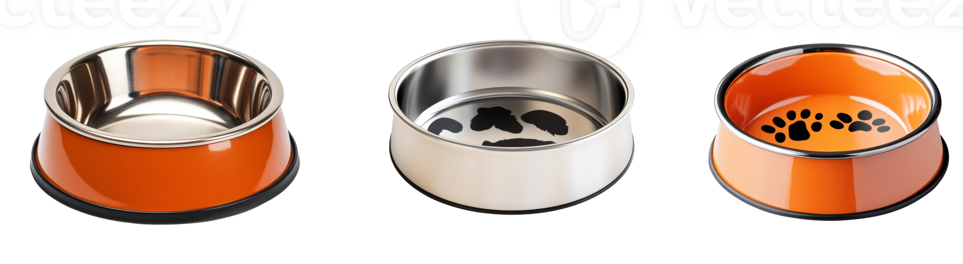 Three stylish pet food bowls with orange exteriors png