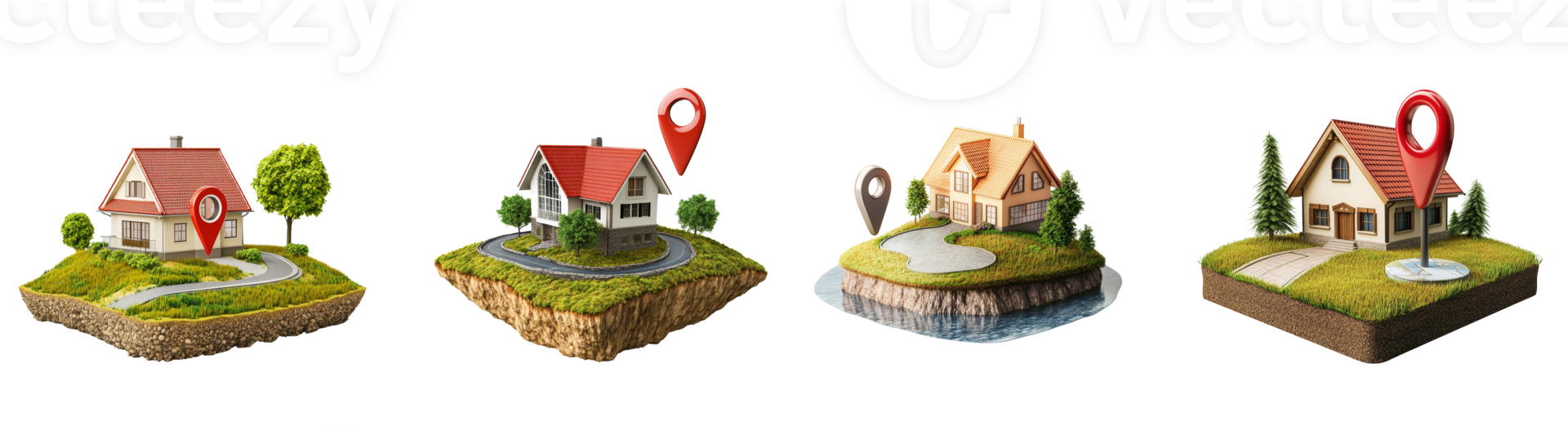 Four Houses Located On Separate Islands Displayed With Location Pins png