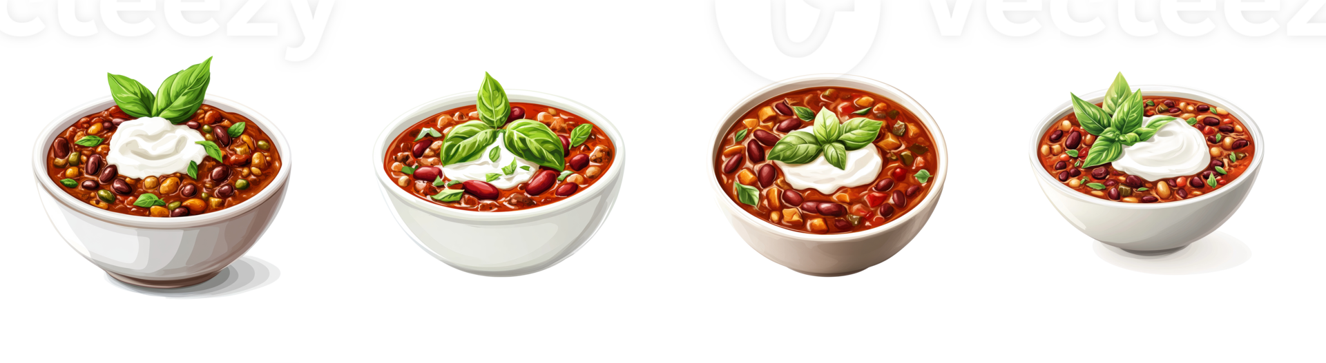Four Bowls Of Chili Topped With Sour Cream And Basil png