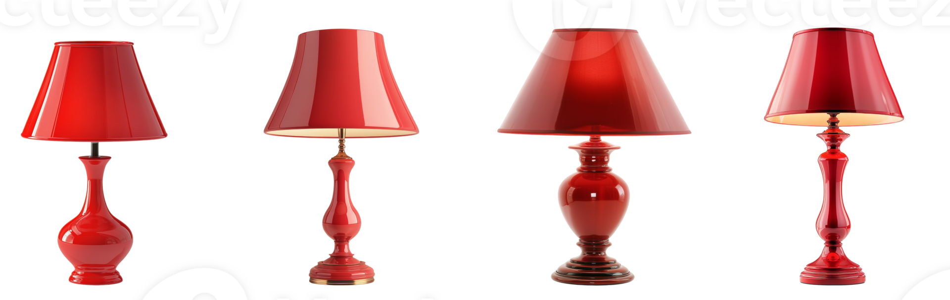 Four Red Lampshades on Elegant Bases Displayed png