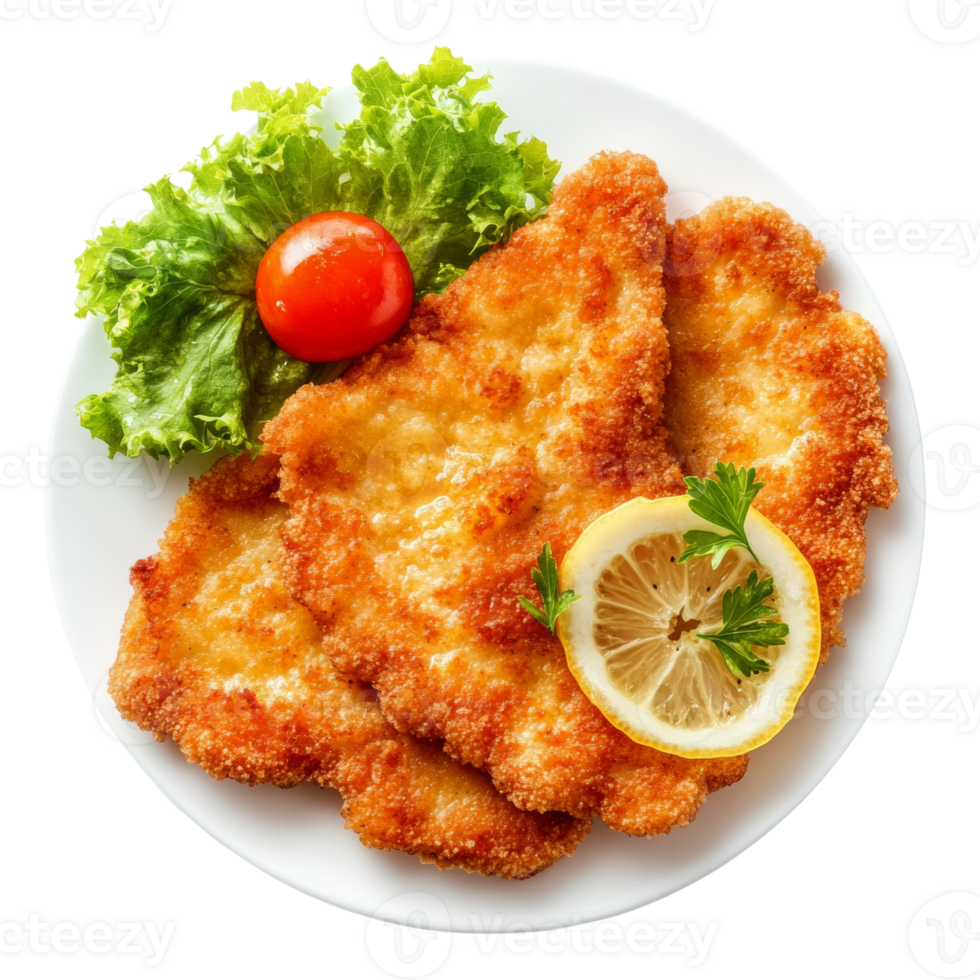 Crispy Breaded Chicken Cutlets Served with Lemon and Salad png