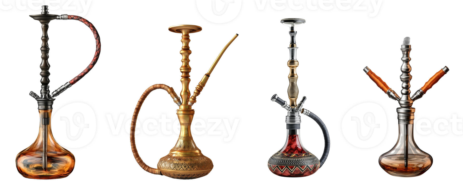 Four ornate hookah pipes displayed against a black background png
