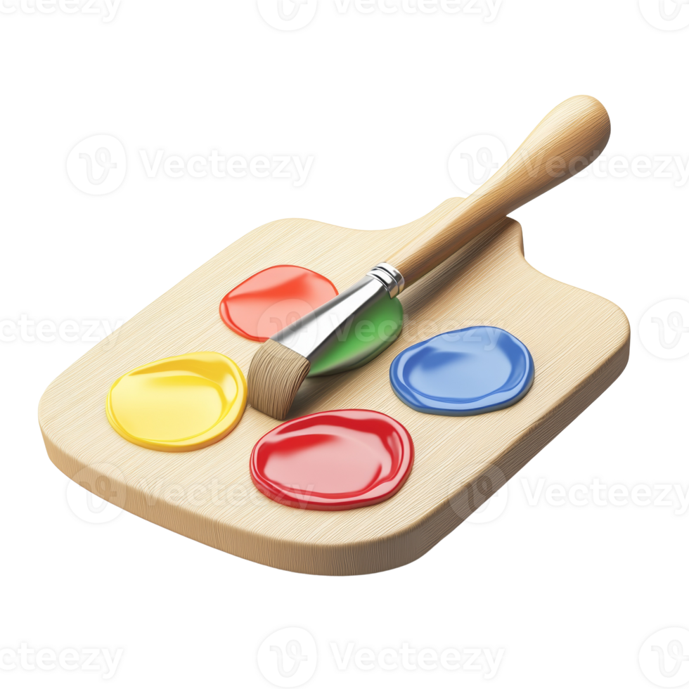 Wooden paint palette with brush and colorful paints png