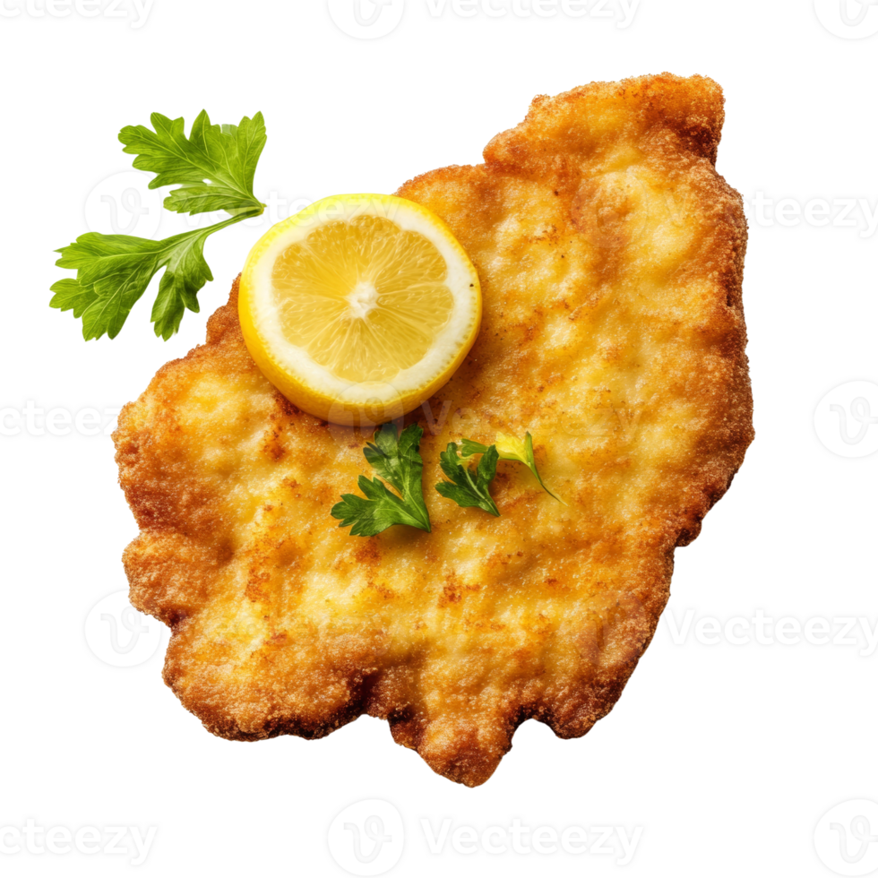 Crispy Breaded Cutlet with Lemon and Parsley Garnish png