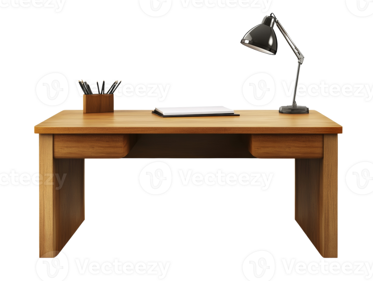 Modern Wooden Desk with Lamp and Stationary png