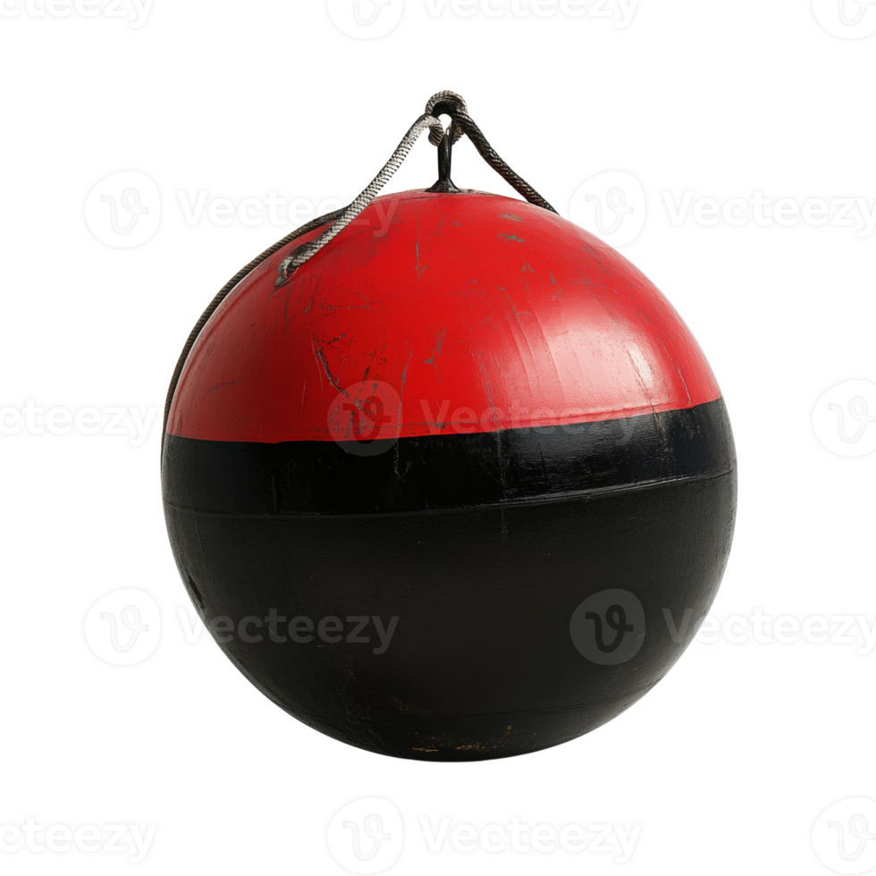 A weathered red and black spherical buoy hangs from a rope png
