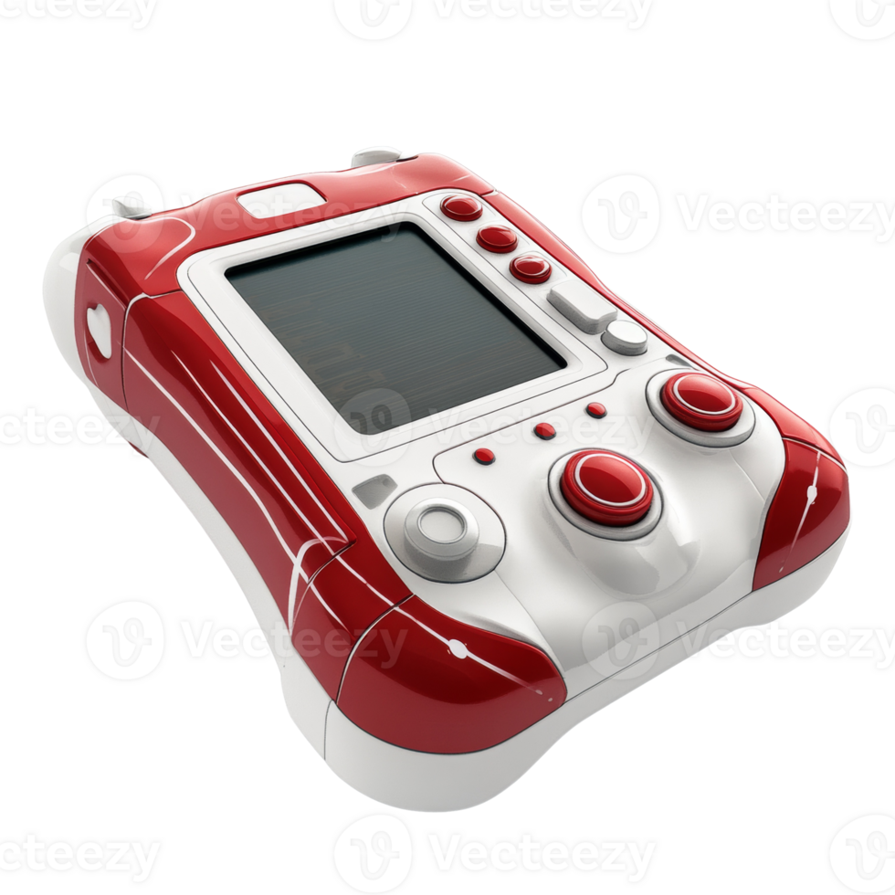 Red and white handheld gaming device with screen and buttons png