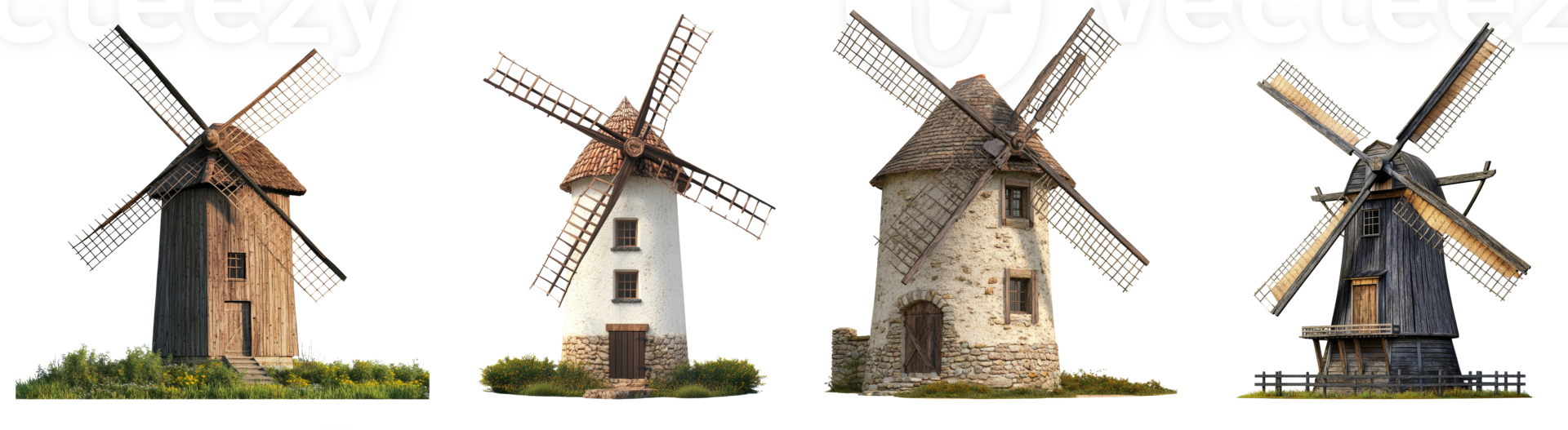 Four Traditional Windmills Stand in a Row png
