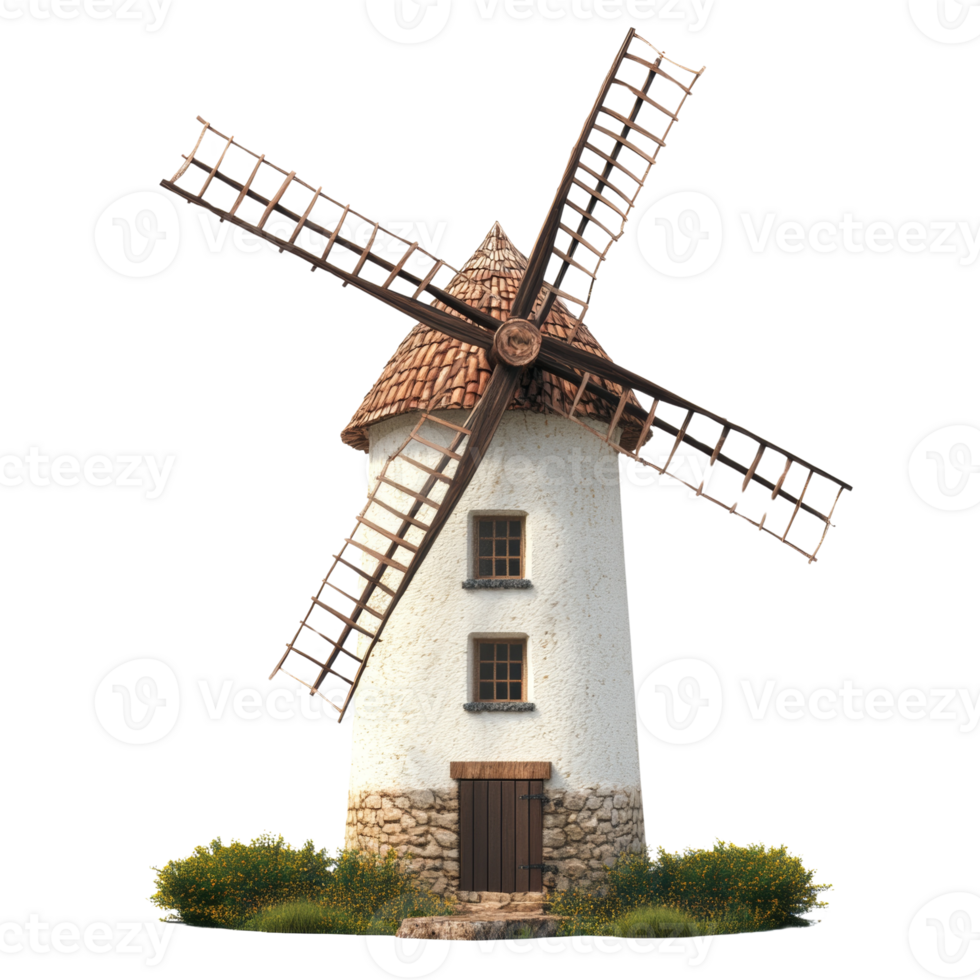 A charming rustic windmill stands amidst wildflowers png