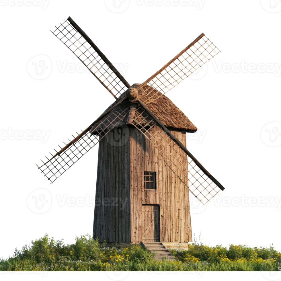 A Rustic Wooden Windmill Stands in a Field of Flowers png