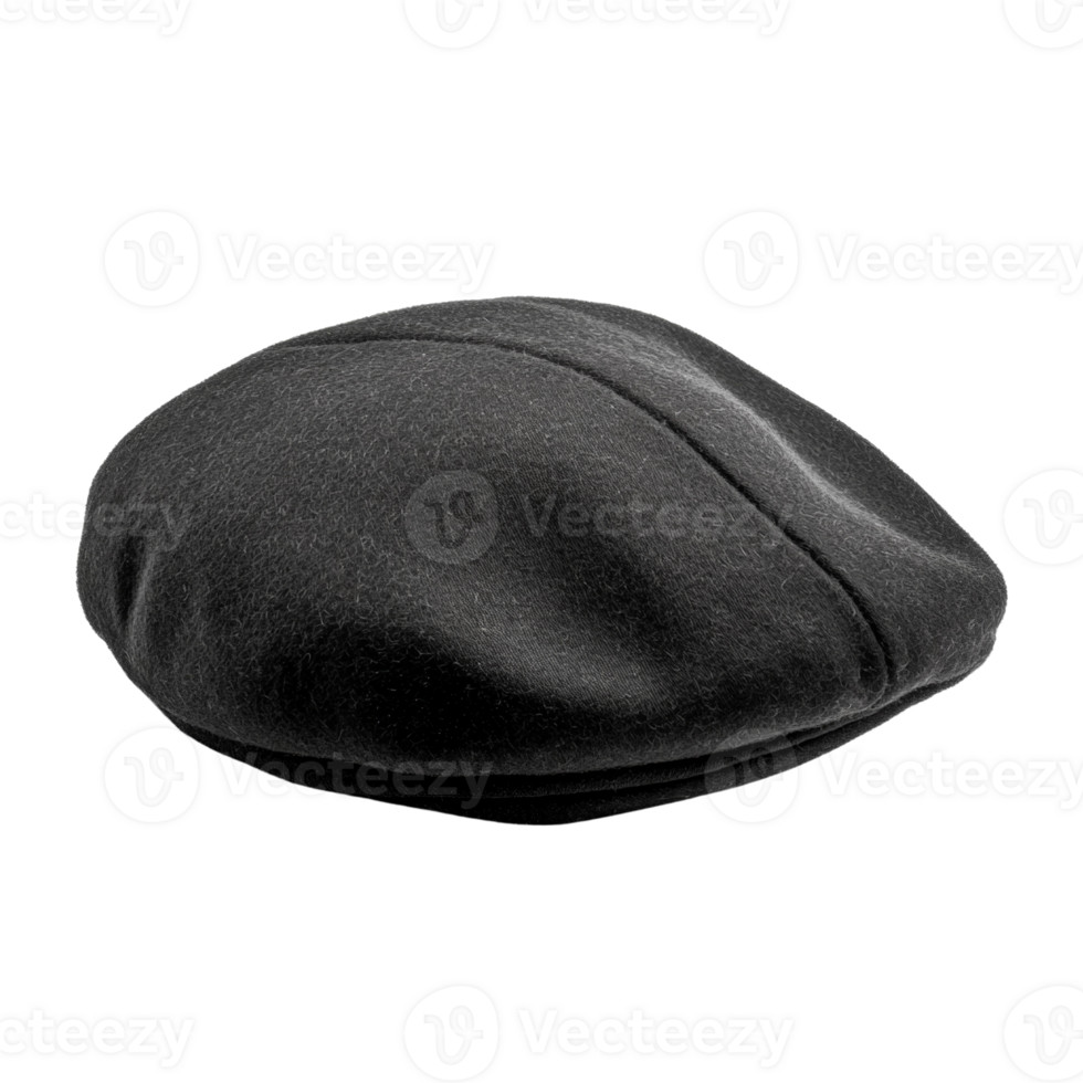 A dark gray wool flat cap sits on a black background png