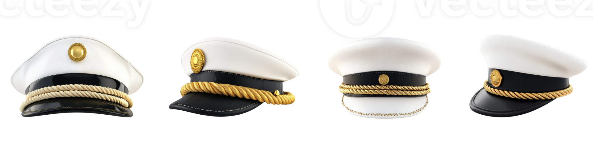 Four White Military Caps with Gold Detailing Displayed png