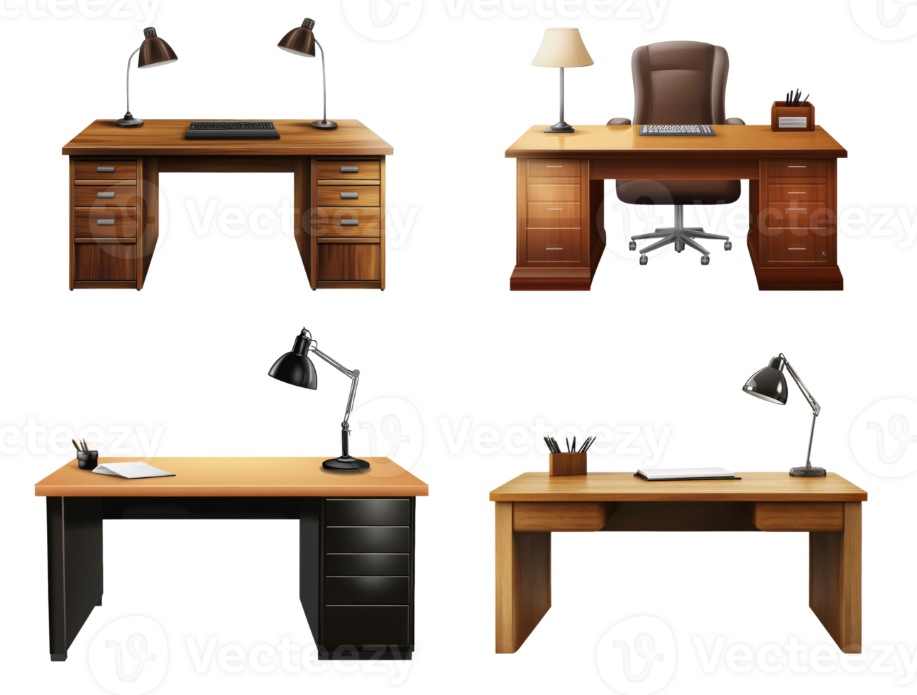 Four Wooden Office Desks Displayed with Various Accessories png