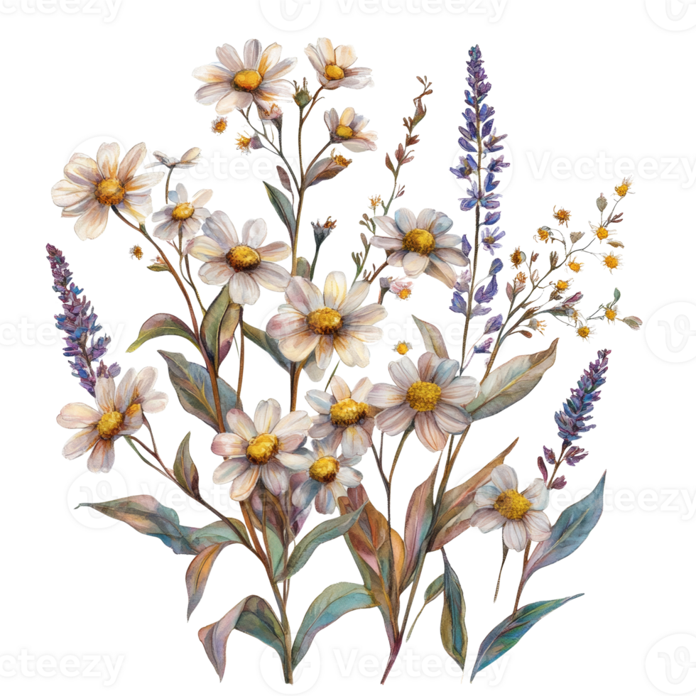 Delicate Watercolor Painting of Daisies and Lavender png