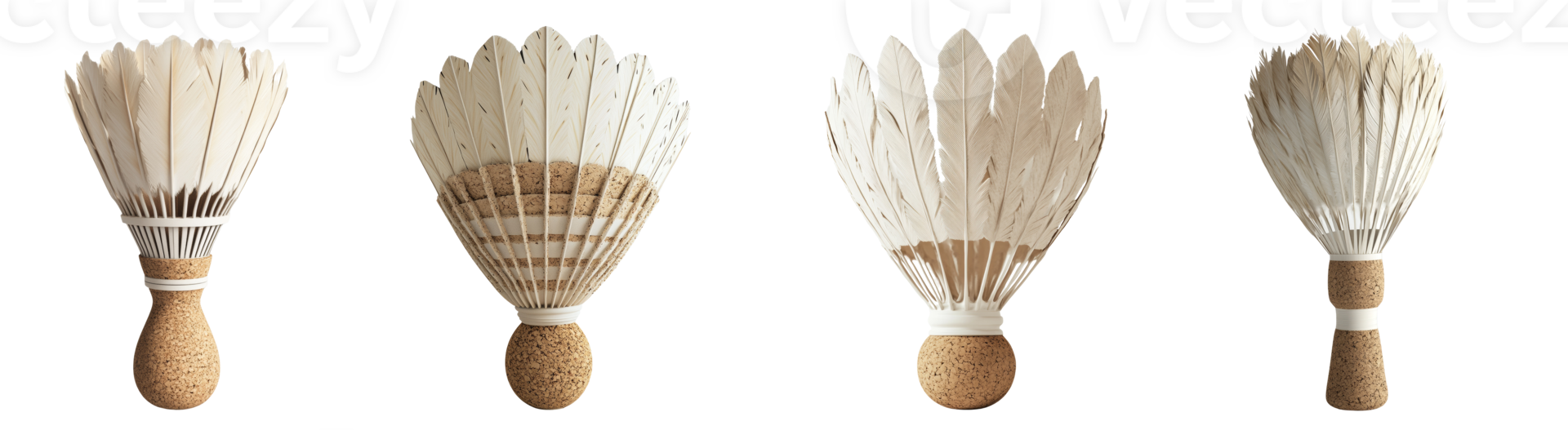 Four Shuttlecocks Showcasing Feather and Cork Construction png