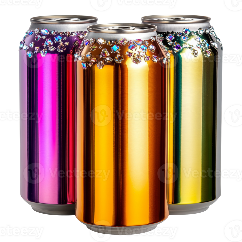 Three Metallic Cans Decorated With Sparkling Gems png