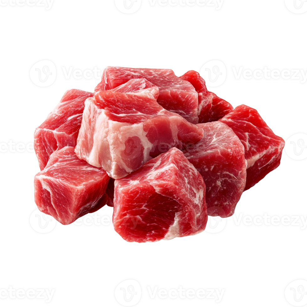 A Pile Of Raw Red Meat Cubes Ready For Cooking png