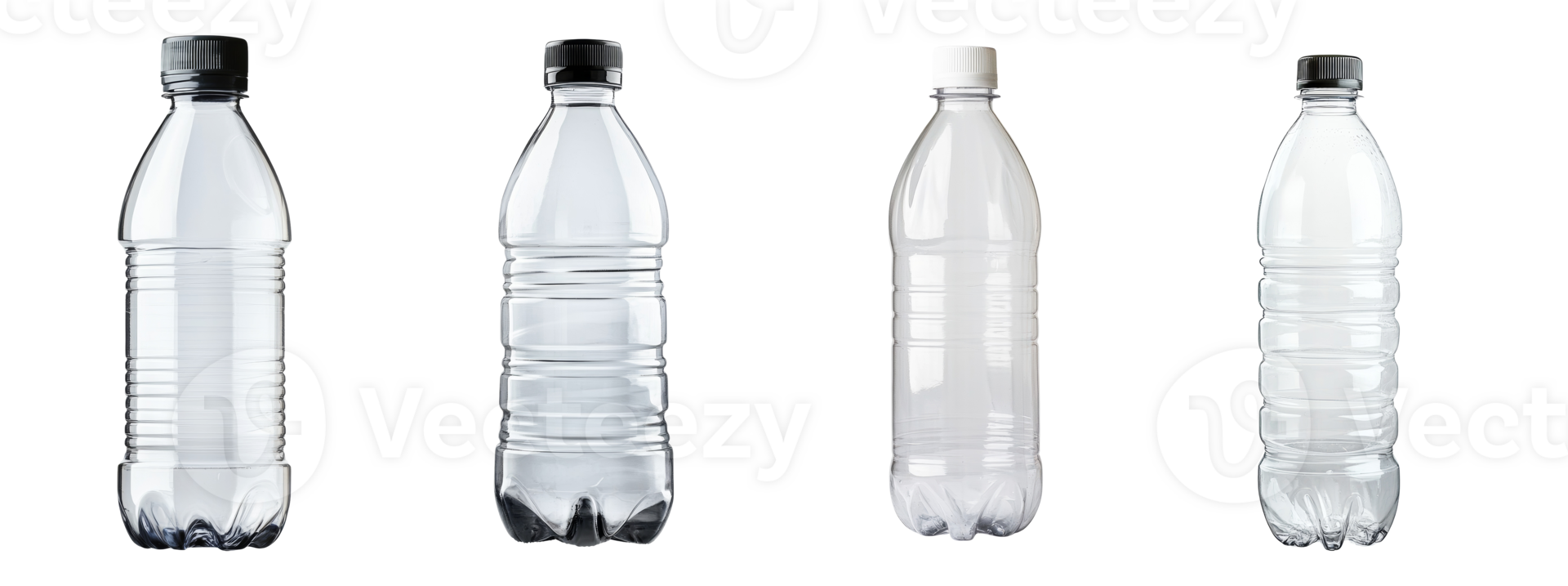 Four empty plastic water bottles stand in a row png