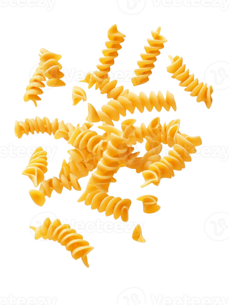Rotini pasta pieces falling against a black background png