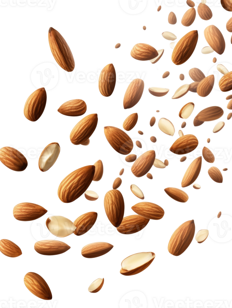 Many almonds falling against isolated transparent background png