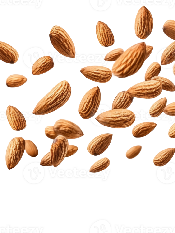 Many almonds falling against a transparent background png