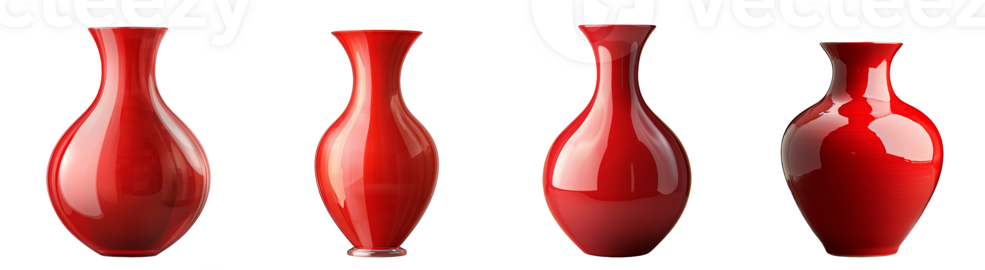 Four glossy red vases display varying shapes and sizes png