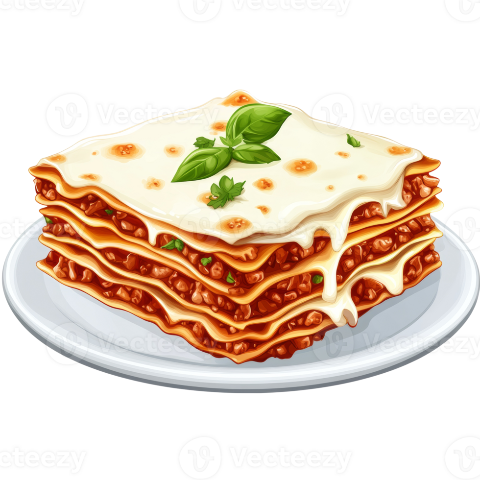 Delicious Lasagna Slice on White Plate Garnished with Basil png