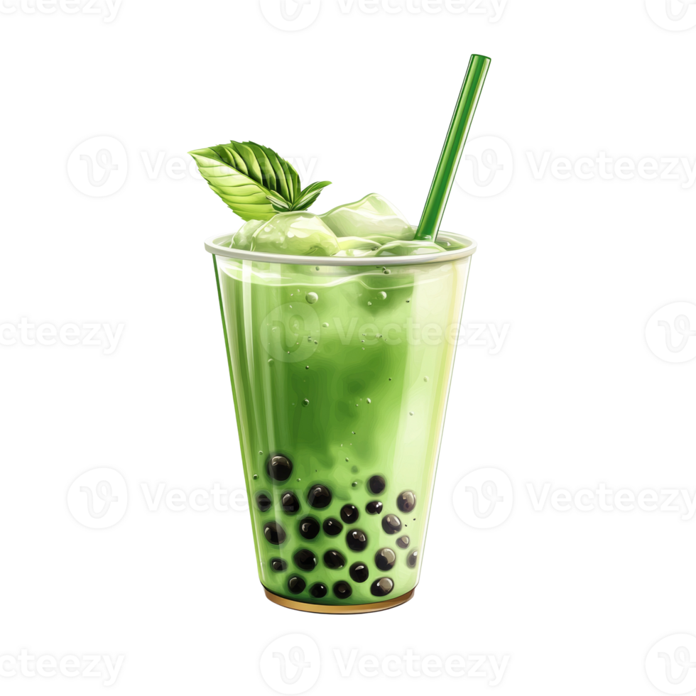 Iced Matcha Boba Tea with Mint Garnish png
