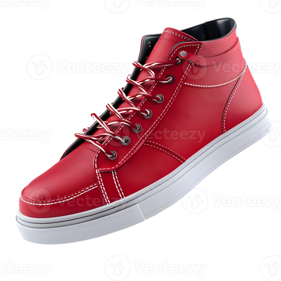 Stylish red high-top sneakers isolated on transparent background. png