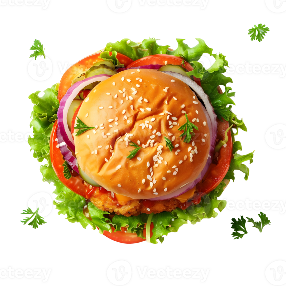 Delicious Cheeseburger with Garnishes isolated on transparent background png