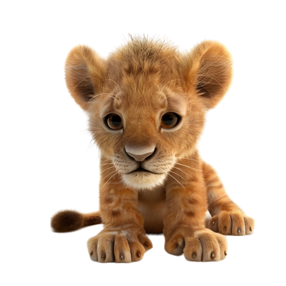 Cute baby lion cub sitting isolated on transparent background. png