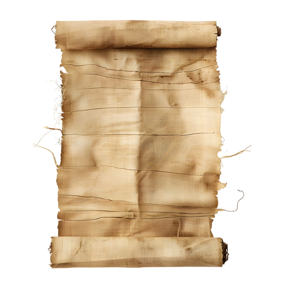 Rolled parchment scroll with frayed edges isolated on transparent background. png