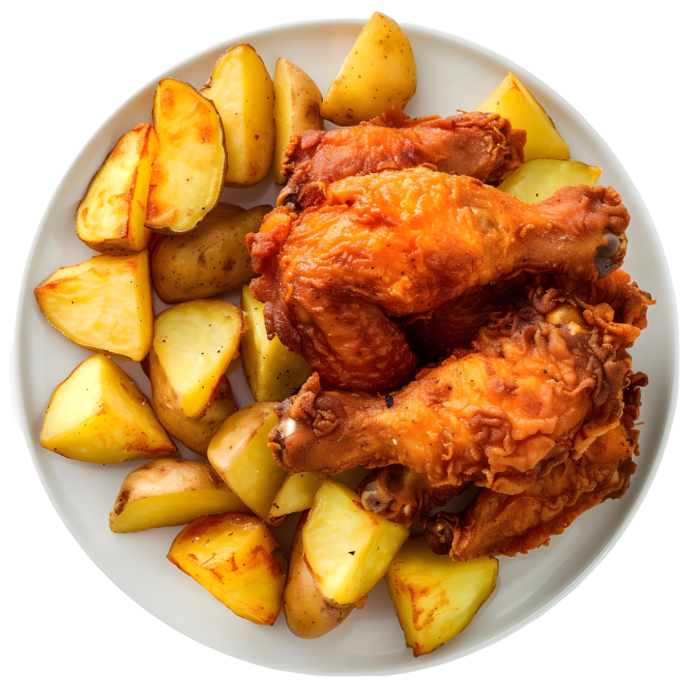 Fried Chicken Drumsticks with Potato Slices on Plate Isolated on Transparent Background png