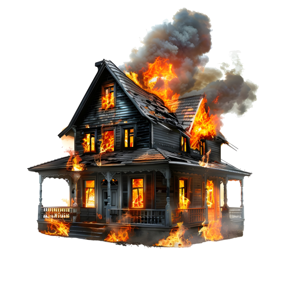 Burning Wooden House with Smoke and Fire Details Isolated on Transparent Background png