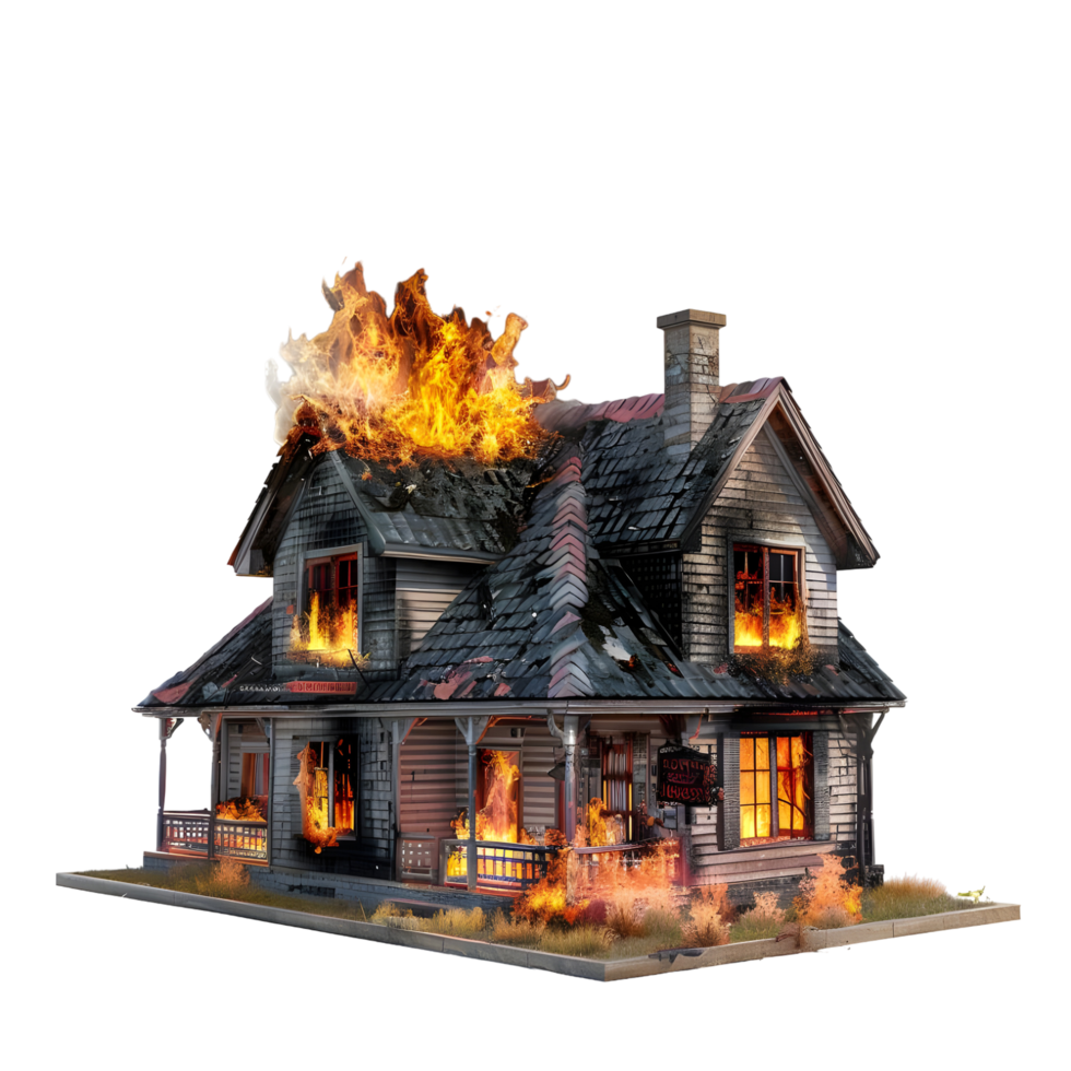 Small Wooden House on Fire Isolated on Transparent Background png