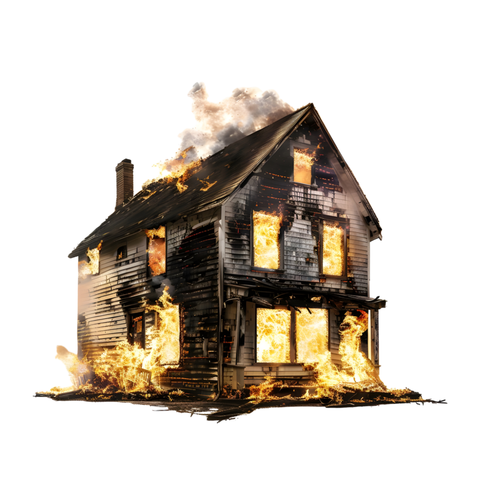 Small Wooden House Engulfed in Flames Isolated on Transparent Background png