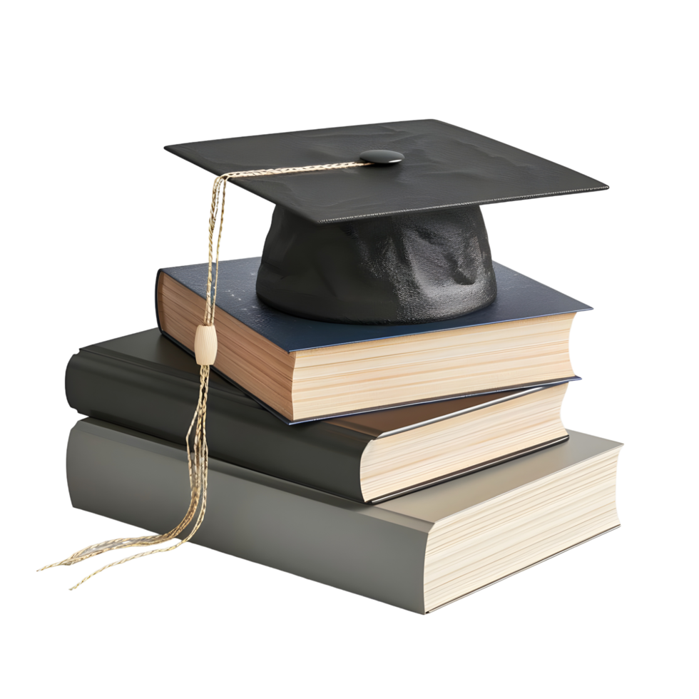 graduation cap on top of books and a stack of books png