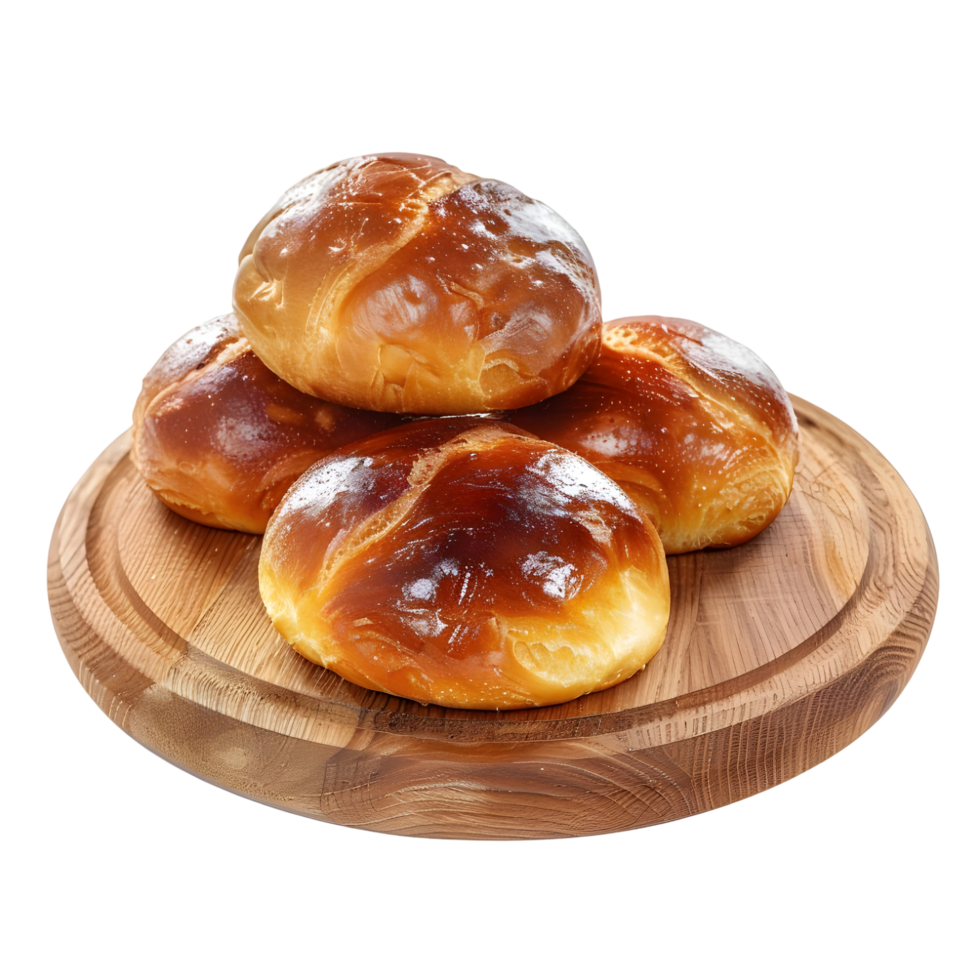 Wooden Plate with Freshly Baked Buns Isolated on Transparent Background png