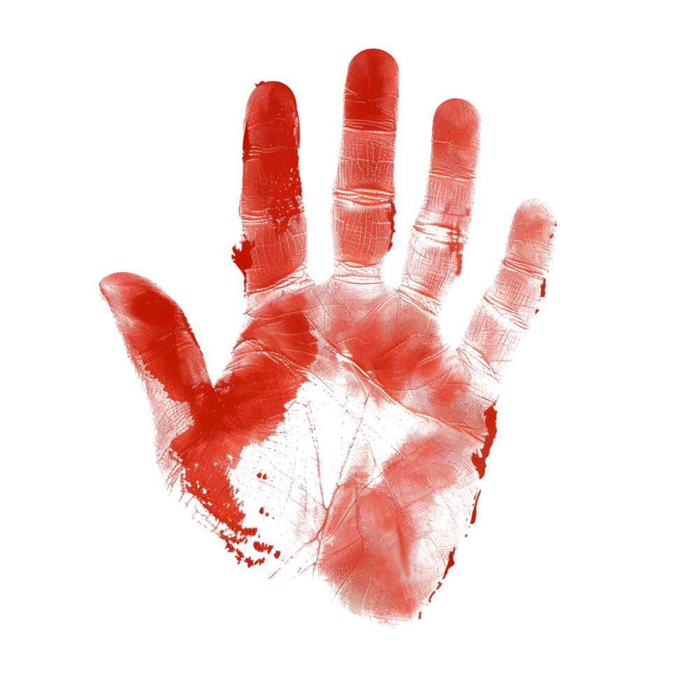 Abstract red handprint with smudged paint effect isolated on transparent background png