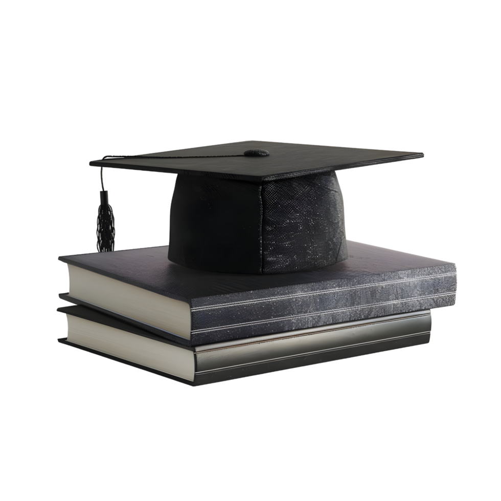 Black graduation cap with diploma scroll on stacked books isolated on transparent background png