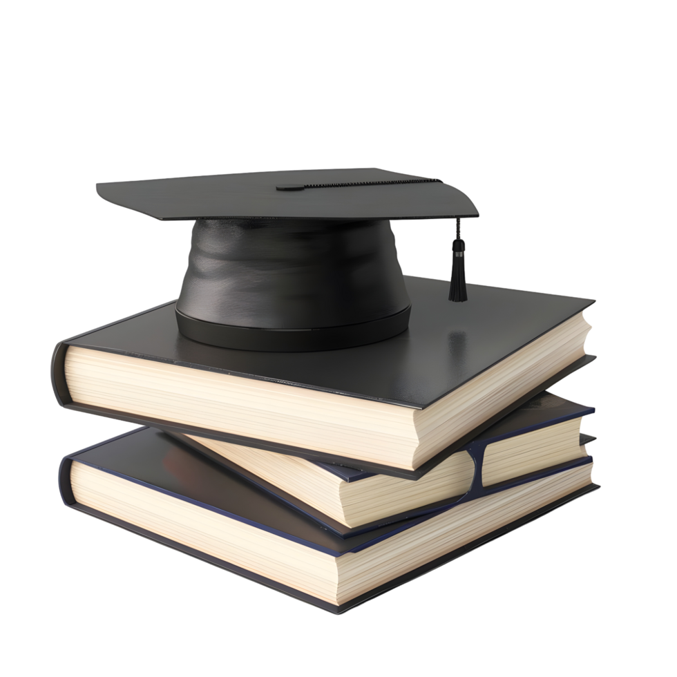 Graduation cap on a stack of books symbolizing education isolated on transparent background png