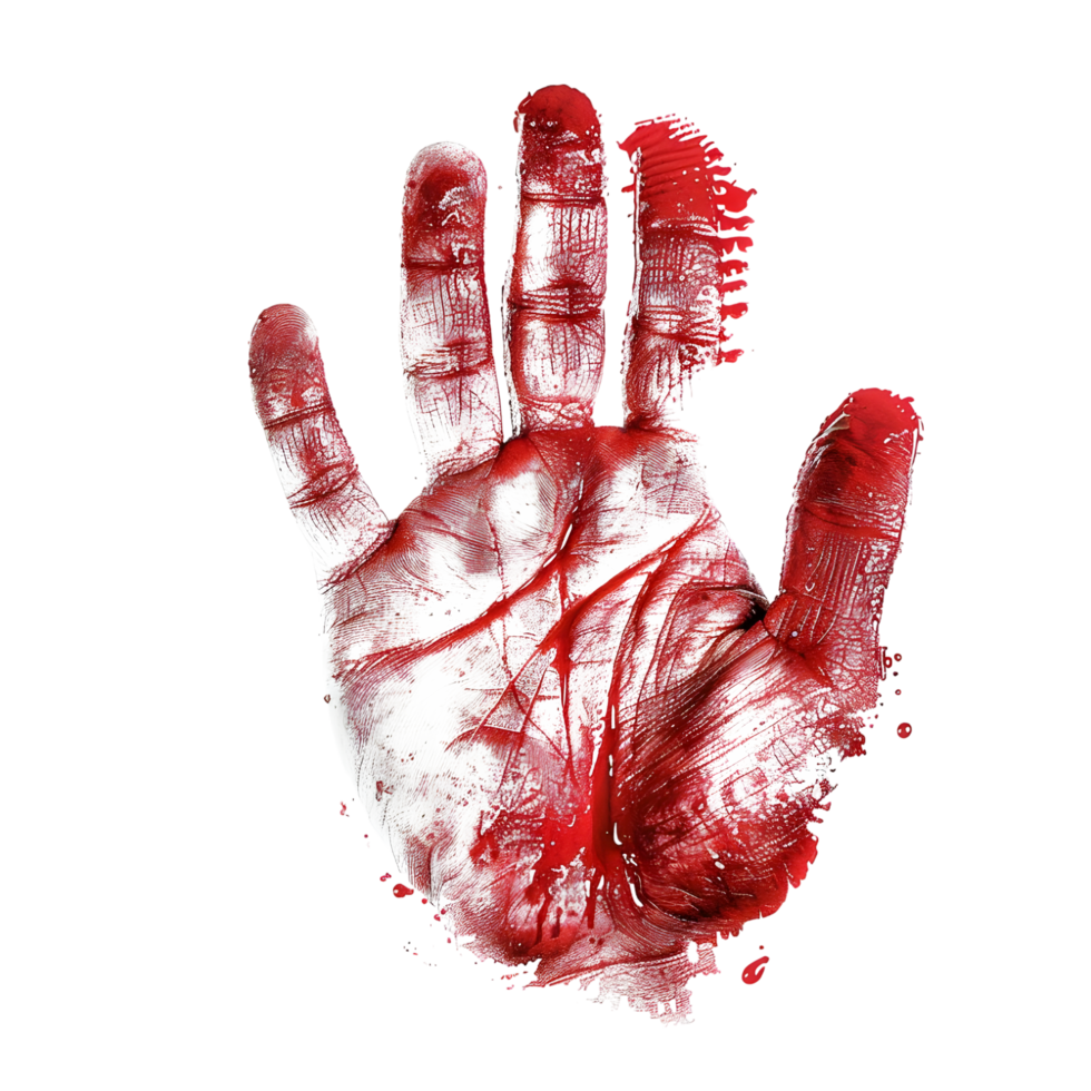 bloody hand with red paint on it, on a transparent background png
