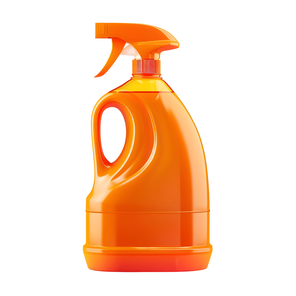 Ergonomic orange cleaning spray bottle with a curved design isolated on transparent background png