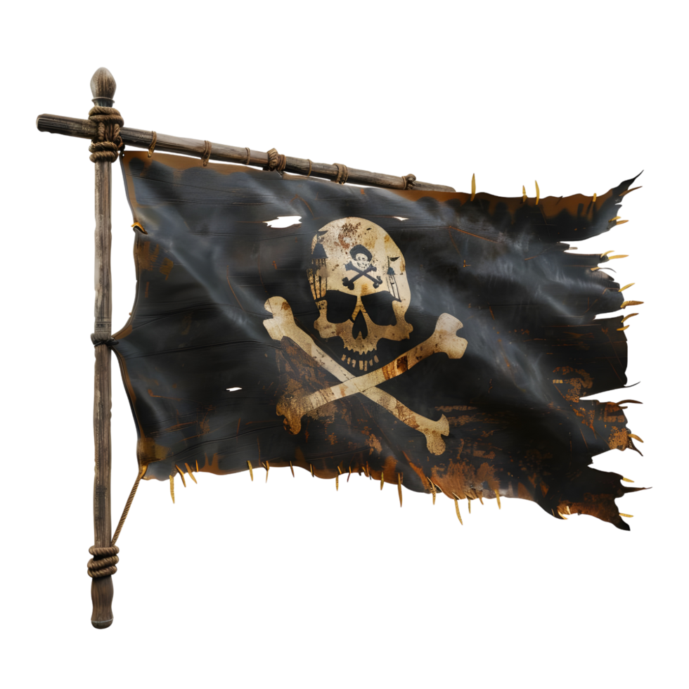 Detailed pirate flag with weathered edges and classic skull design isolated on transparent background png