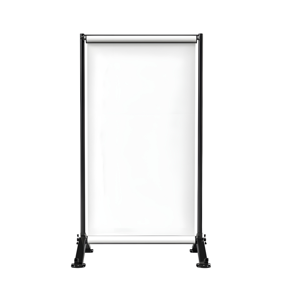 Adjustable poster stand with black frame and blank white panel isolated on transparent background png