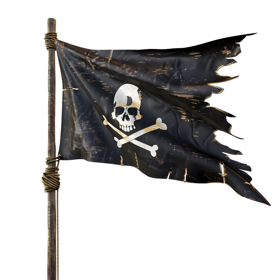 Black pirate flag with skull and crossbones on a wooden pole isolated on transparent background png