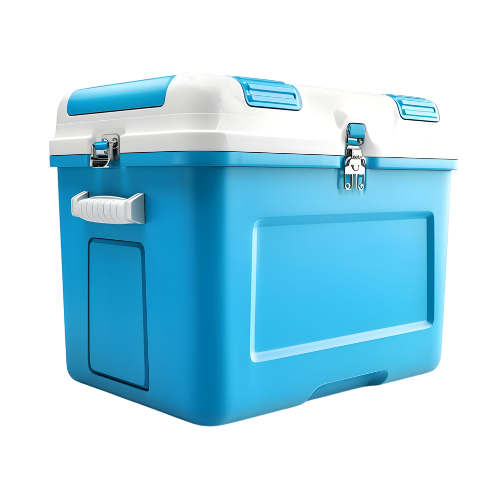 Portable icebox cooler in vibrant blue with a hinged lid isolated on transparent background png
