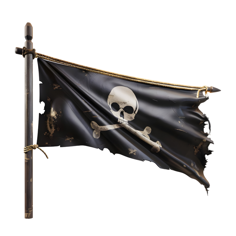 Pirate flag with skull and crossbones waving on a wooden pole isolated on transparent background png