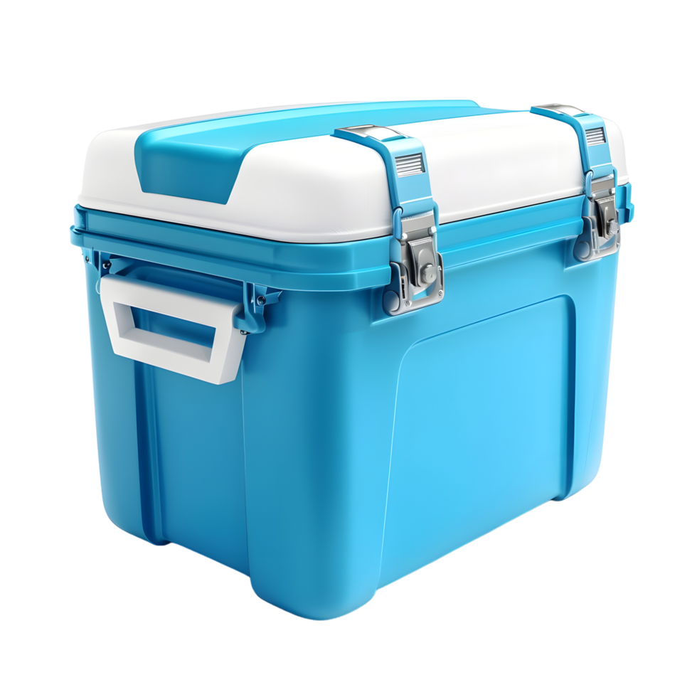Blue cooler box for outdoor use with ergonomic handles isolated on transparent background png